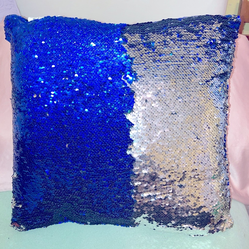 Flipping Blue and Silver Sequin Throw Pillow